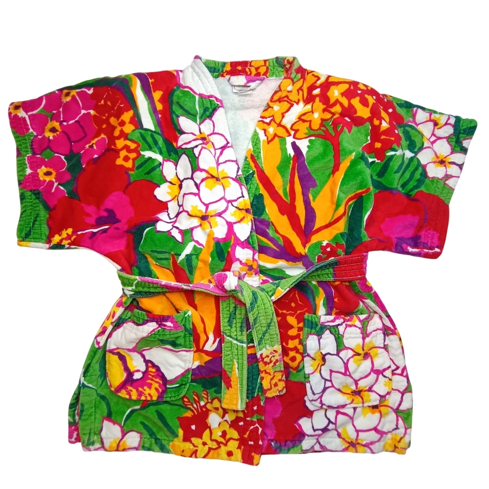 Vintage 1970s Mr. Robert Floral Terry Cloth Robe - Bold Tropical Print - Rare